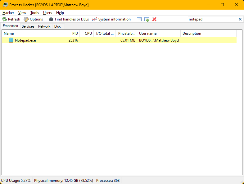searching for notepad inside process hacker 2